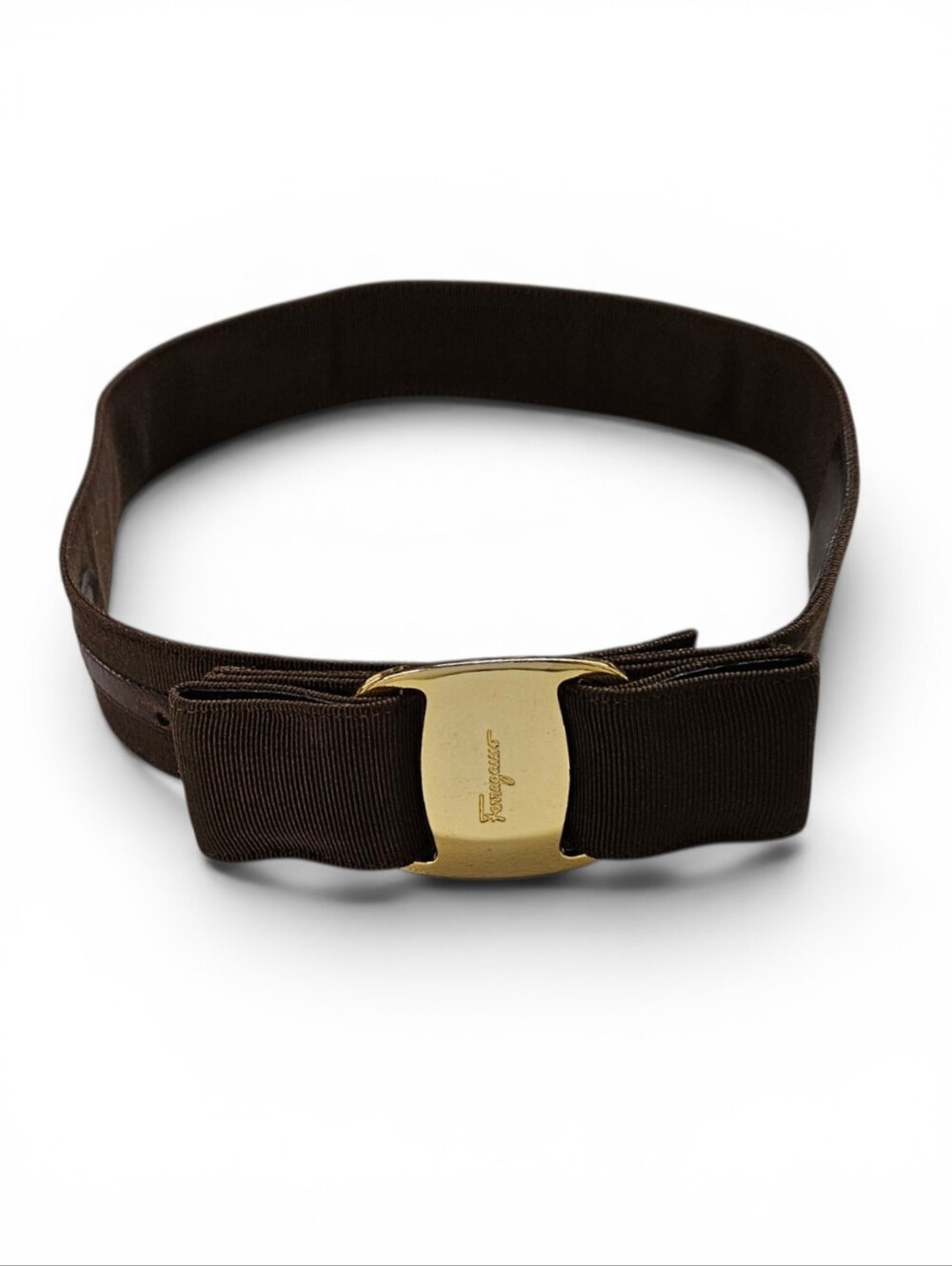 Salvatore Ferragamo Vara L Bow Belt with Gold Buckle In Brown Nylon 8046 Size XS